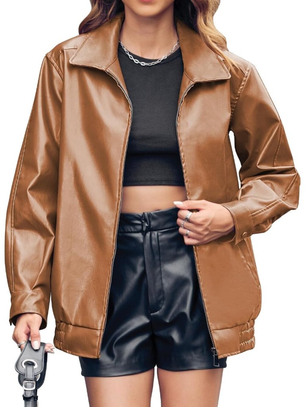 Women's Khaki Oversized Faux Zip Up Long Sleeve Side Pockets Bomber Jackets